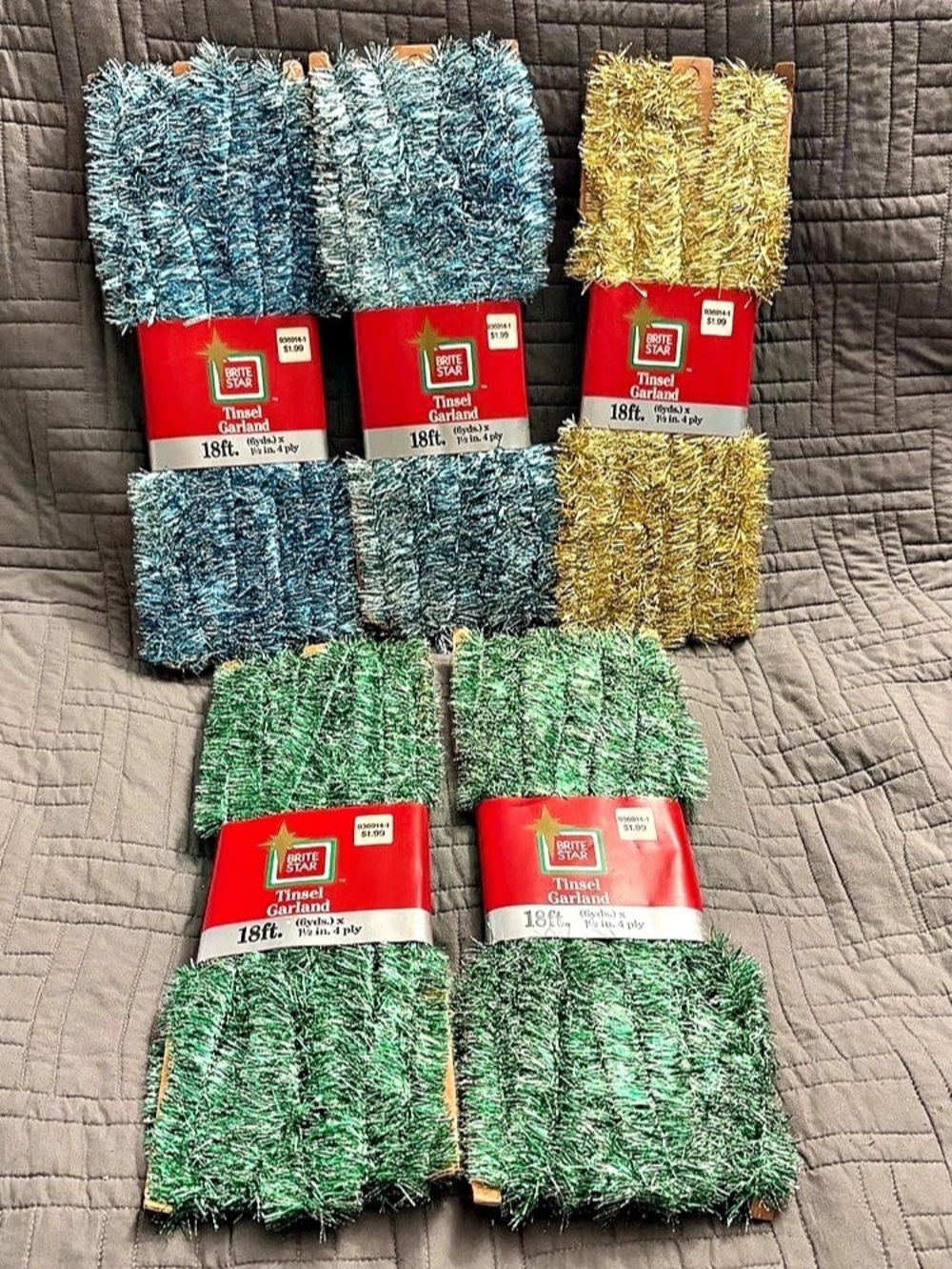 Vintage Brite Star Tinsel Garland Lot Of 5 Gold Blue Green Mixed 18ft